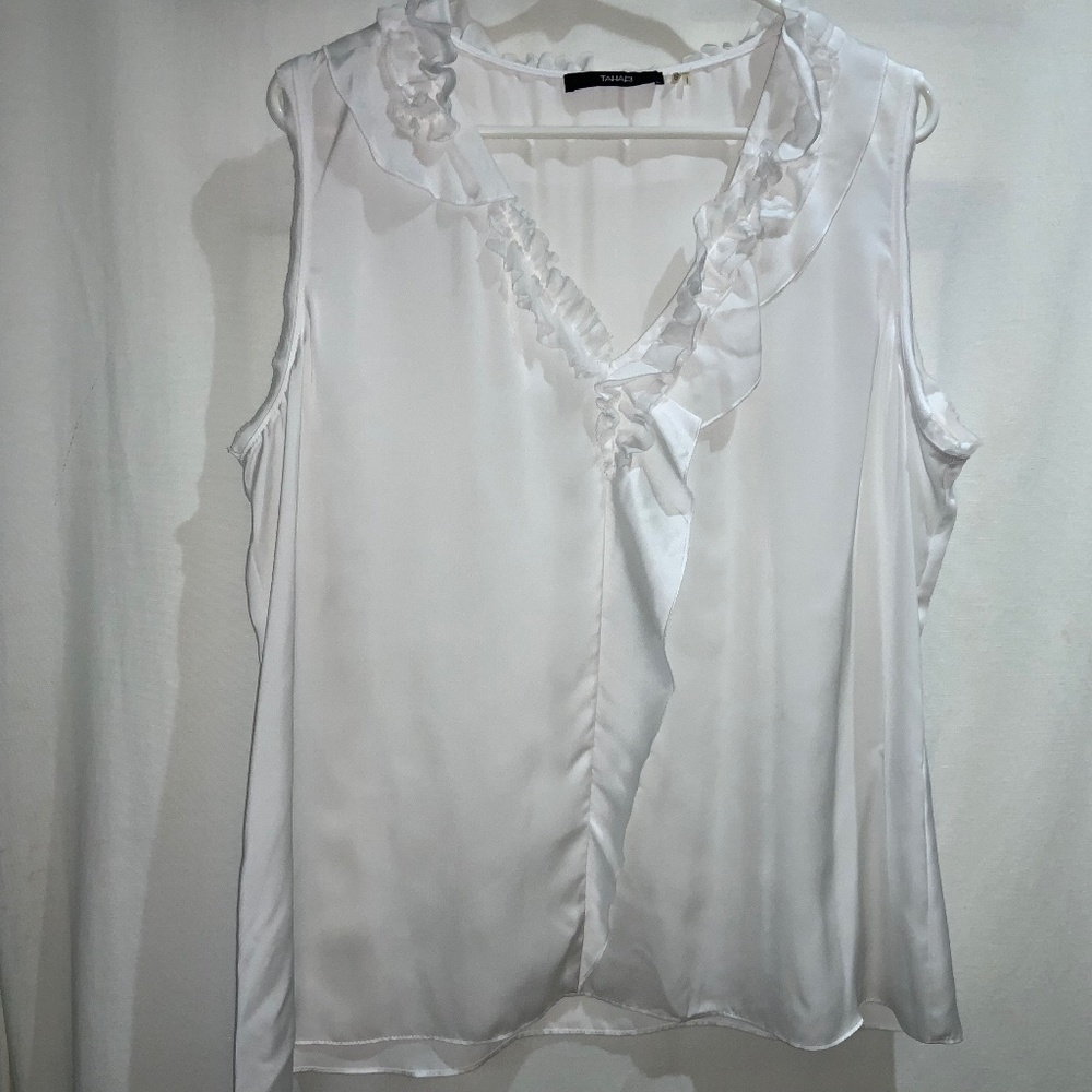 Tahari V neck ruffle front blouse Sz XL asymmetrical raw hem trim sleeve…